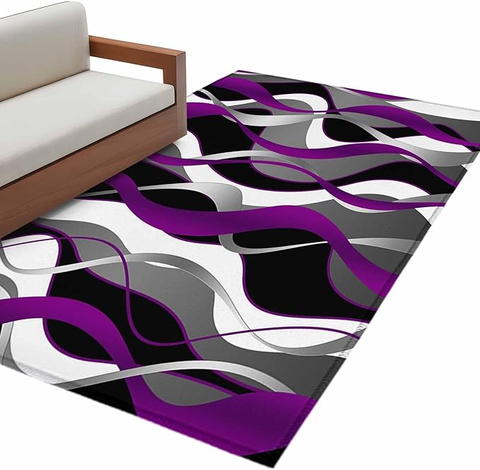 Area Rug 4x6ft, Abstract Purple Gray Black White Stripes Washable Rugs for Living Room Bedroom, Modern Lines Soft Non-Slip Area Rugs Rectangle Floor Carpet for Dining Room