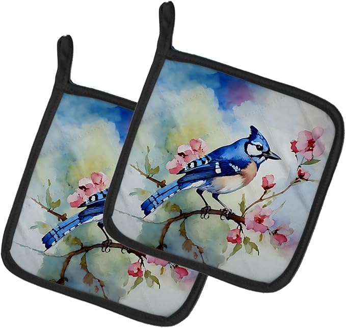 Caroline's Treasures Blue Jay Pair of Pot Holders Kitchen Heat Resistant Pot Holders Sets Oven Hot Pads for Cooking Baking BBQ, 7 1/2 x 7 1/2