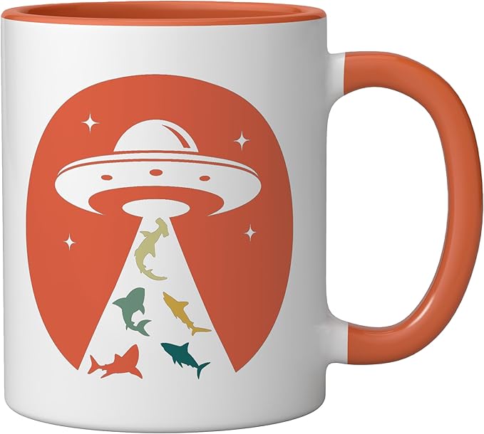 Funny UFO shark lover humor UFO lover flying saucer Ceramic Mug, Orange/White
