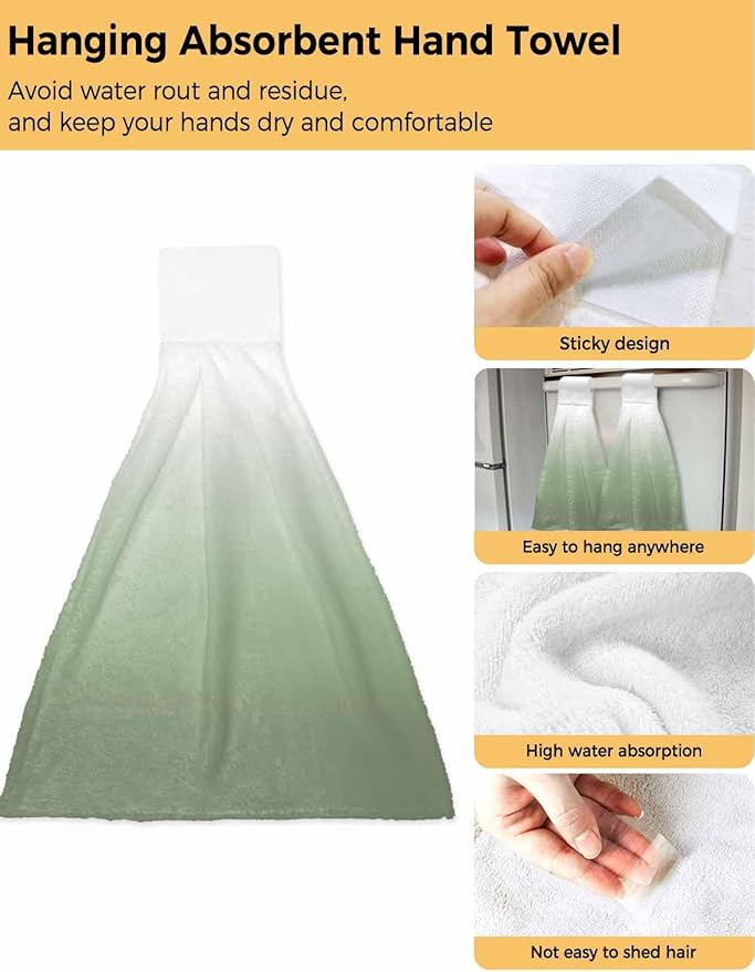 Alandar Home Kitchen Tie Towel Set of 2, Sage Green White Color Gradient Absorbent Soft Hand Towels for Bathroom Hanging Towels, Minimalist Ombre Art Fast Drying Cleaning Cloth with Loop