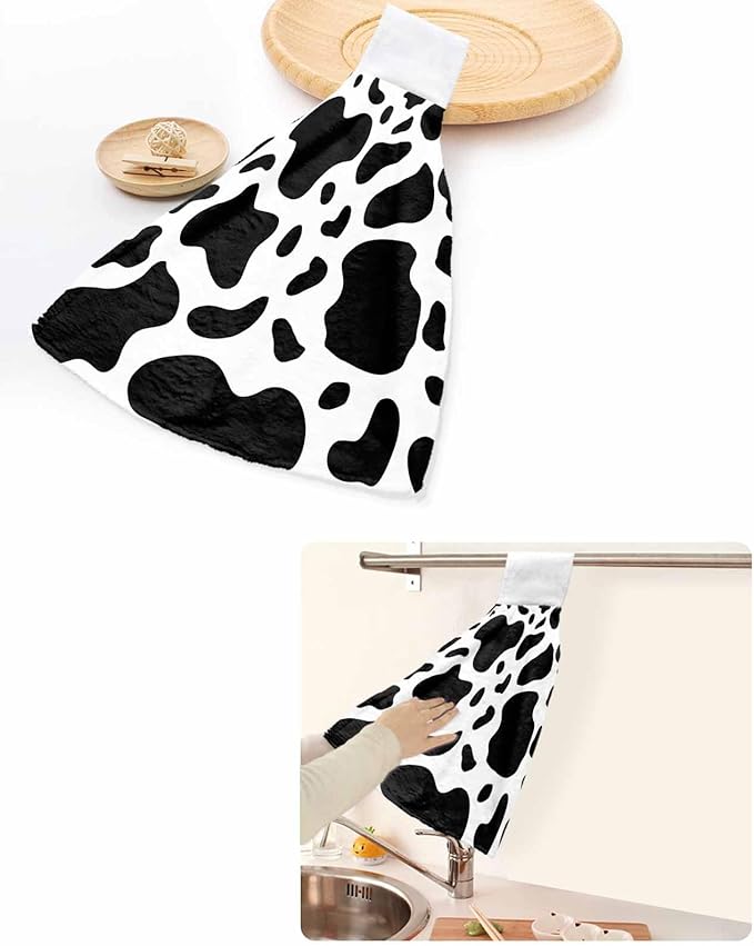 Kitchen Tie Towel Set of 1, Abstract Dairy Cattle Cow Skin Texture Absorbent Soft Hand Towels for Bathroom Hanging Towels, Black and White Animal Print Fast Drying Cleaning Cloth with Loop