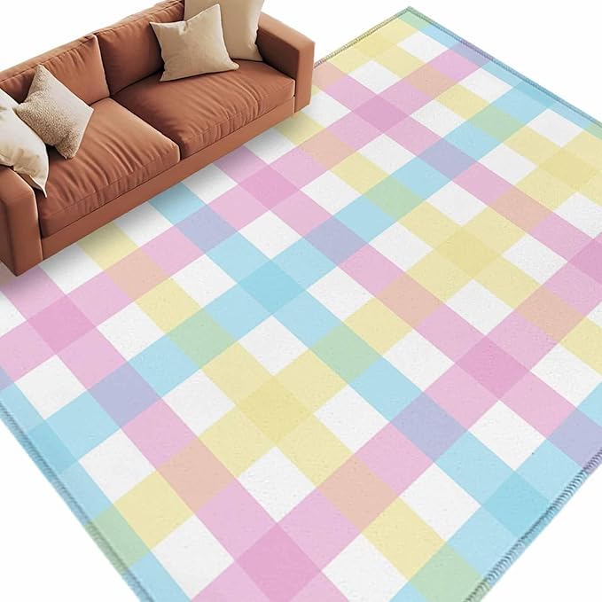 Area Rug 6x9ft, Spring Easter Colorful Lattice Washable Rugs for Living Room Bedroom, Minimalist Buffalo Checker Soft Non-Slip Area Rugs Rectangle Floor Carpet for Dining Room