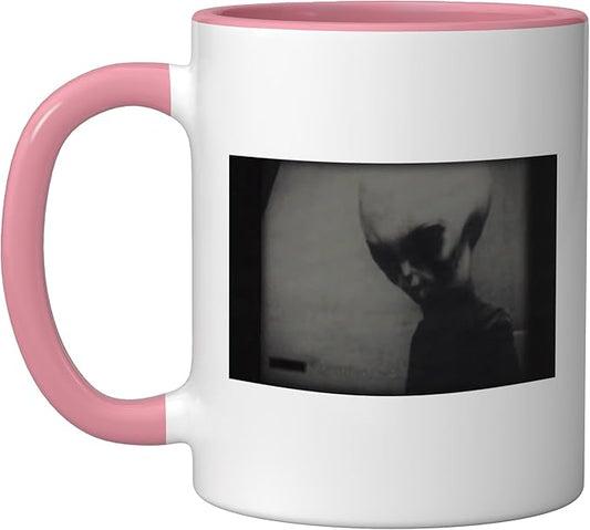 Skinny Bob Alien 1961 KGB Video Real Alien Grey Ceramic Mug, Pink/White
