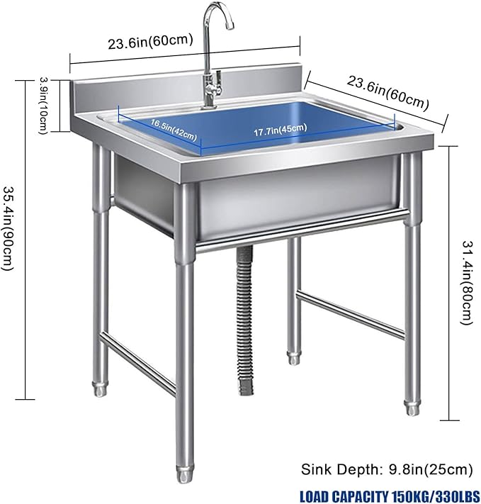 Portable Commercial Stainless Steel Sink, 90cm H Garden Sink Single Trough with Taps and Legs Kitchen Sink for Outdoor Indoor, Easy to Clean & Install