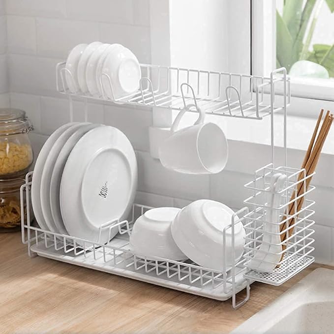 Anti Rust Dish Drainer Rack 2 Layer Anti-Rust Set with Removable Drain Board and Glass Holder for Kitchen Counter Top Modern Organizer Cutlery Basket Drain ShelfWhite