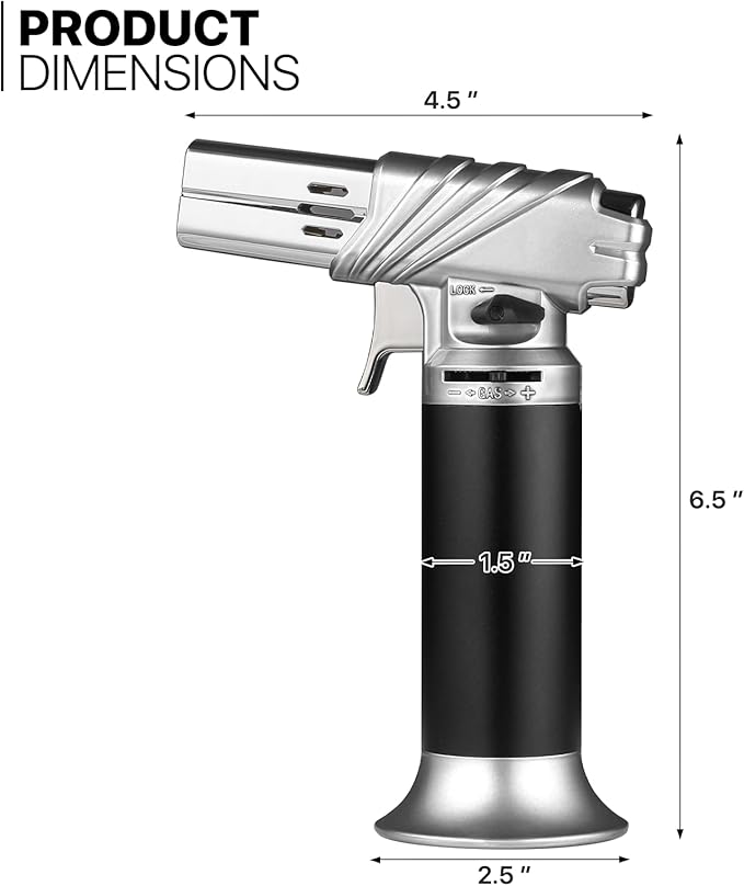 mollie Mini Butane Torch Lighter with Adjustable Flame, Small Refillable Kitchen Cooking Blow Torch for Creme Brulee, Windproof Baking Torch with Safety Lock, Silver (Butane Gas Not Included)