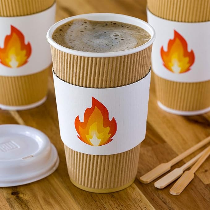 Restaurantware SLEEVES ONLY: Restpresso 5.1 x 2.8 Inch Coffee Cup Sleeves 50 Corrugated Hot Cup Sleeves - Fire Emoji Heat-Tolerant White Paper Disposable Coffee Sleeves Secure Grip (Pack of 2)
