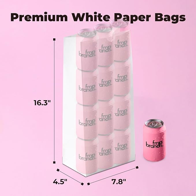 Fit Meal Prep 200 Pack 16 lb White Paper Lunch Bags, 16.3 x 7.8 x 4.5" Premium White Paper Bags Bulk for Small Business, Recyclable Snack Sacks, Durable Grocery Bag for Food Storage