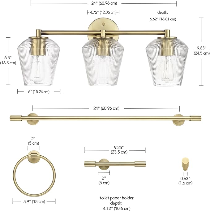 GLOBE Electric 63000063 5-Piece All-in-One Bathroom Set, Matte Brass Finish, 3-Light Vanity Light, Glass Shades, Towel Bar, Toilet Paper Holder, Towel Ring, Robe Hook, Bathroom Lights Over Mirror