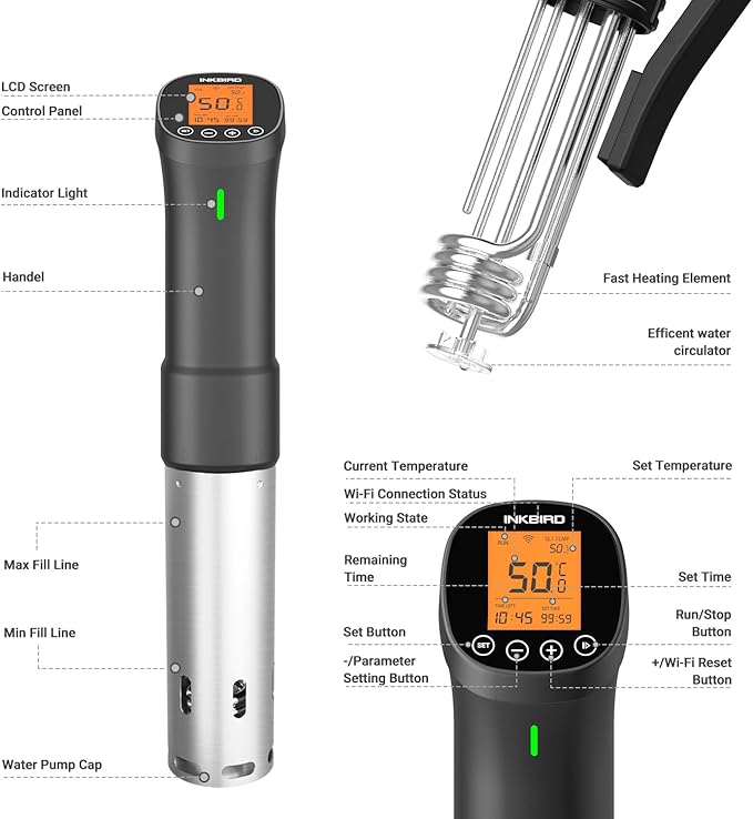 INKBIRD 2.4G Wifi Sous Vide Cooker ISV-200W, 1000W Sous Vide Machine, Remote Control Immersion Circulator with APP Recipes Timer Alarm Mobile Notification 3D Water Heating Ultra-Quiet