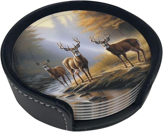 Animal World Wildlife River Edge Deers Leather Drinks Coasters with Holder, Set of 6, Suitable for Various Cups