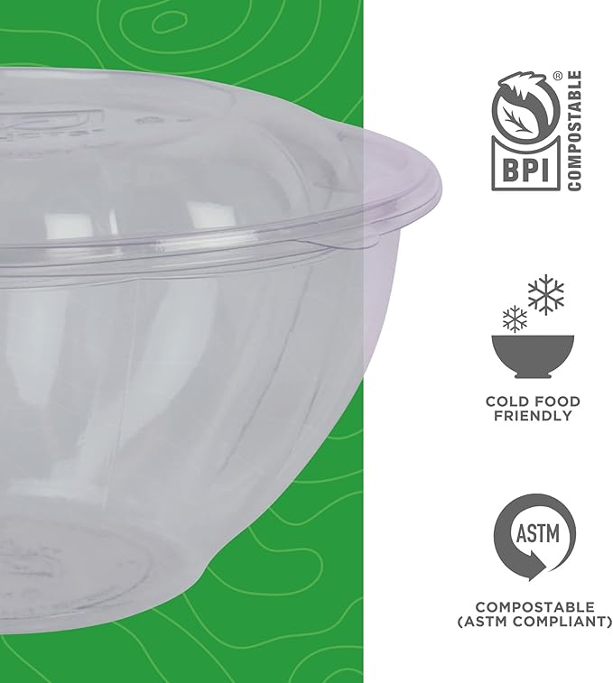 ECO PRODUCTS Compostable Clear PLA Plastic 32oz Salad Bowl With Lid, Case of 150, Grab 'n' Go Round Cold Takeout Food Containers, Renewable Plant-Based, Disposable, ASTM Compliant, BPI-Certified