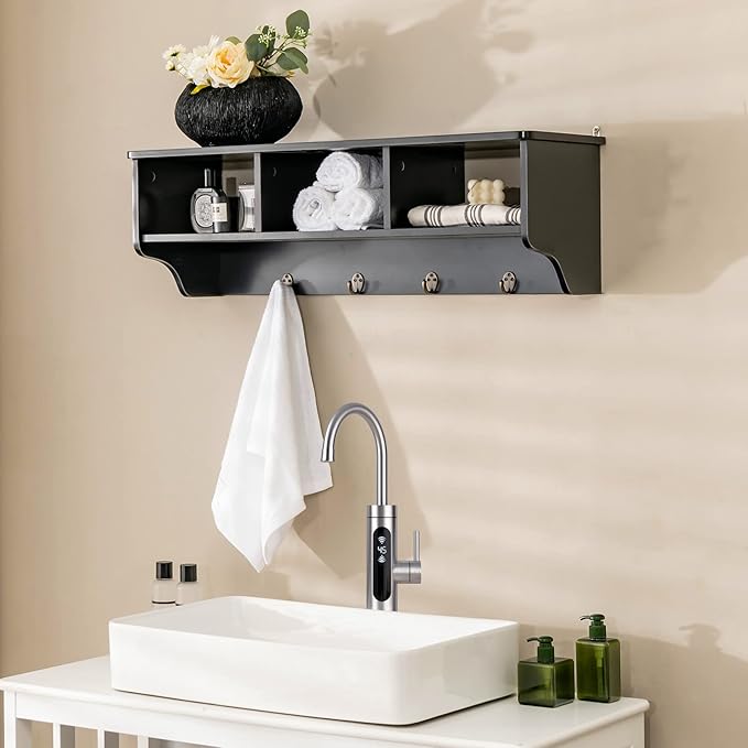 Casart Hanging Shelf Wall Mounted Storage Cabinets W/Hooks for Bedroom, Living Room and Entryway (Black)