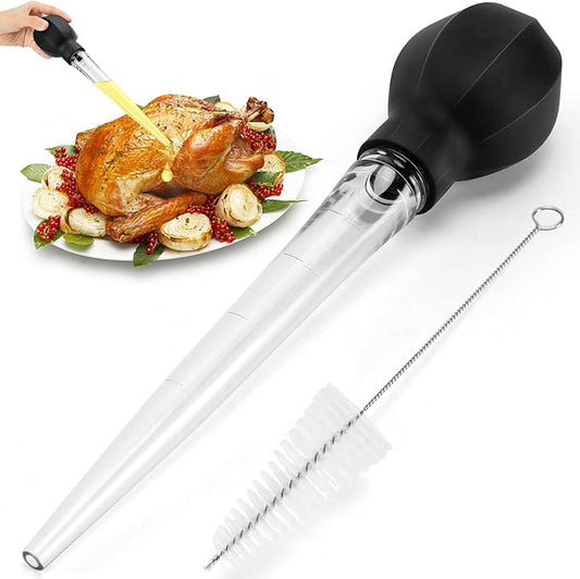 SCHVUBENR Large Turkey Baster with Cleaning Brush - Premium Baster Tool for Cooking - Easy to Use & Clean - Powerful Bulb Baster Syringe - Dishwasher Safe - Thanksgiving, Christmas Essentials - Black