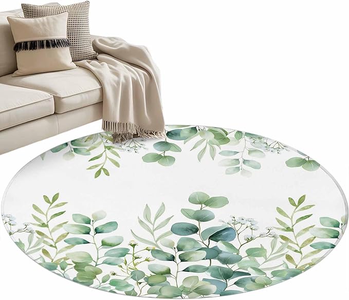 Sage Green Eucalyptus Leaves 3.3ft Round Rug, Farmhouse Botanical Non-Skid Rubber Backing Large Area Rugs - Living Room Bedroom Home Office, Country Indoor Floor Mat Carpets Washable Rug