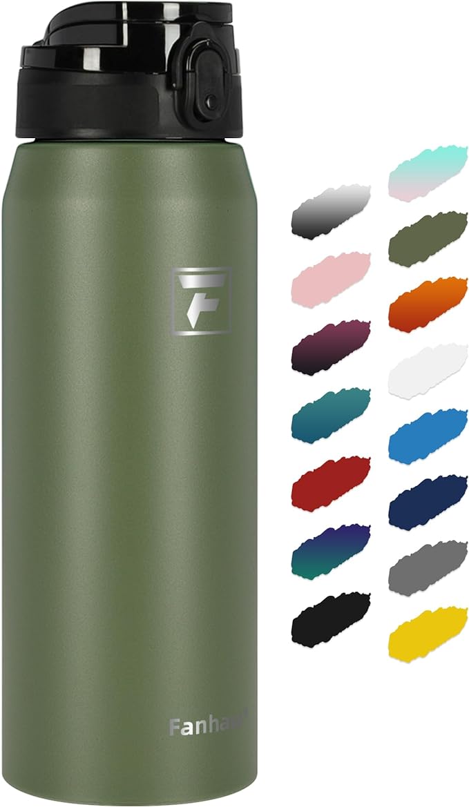 Fanhaw 24 oz Insulated Stainless Steel Water Bottle with Anti-Dust Chug Lid, Leakproof Vacuum Metal Bottle for Kids, Women & Men (Olive Green)