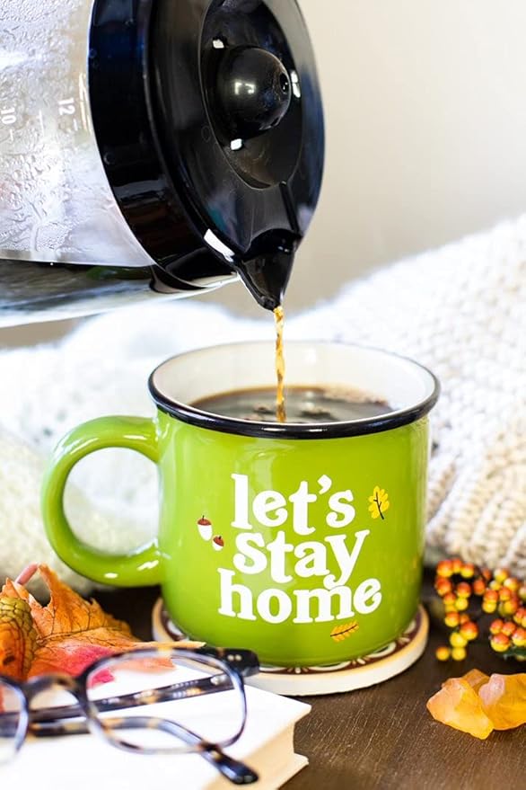 Pearhead Let's Stay Home Ceramic Mug, Autumn Accessories, Fall Holiday Kitchen Decor, Coffee or Tea Cup, Green, 15oz