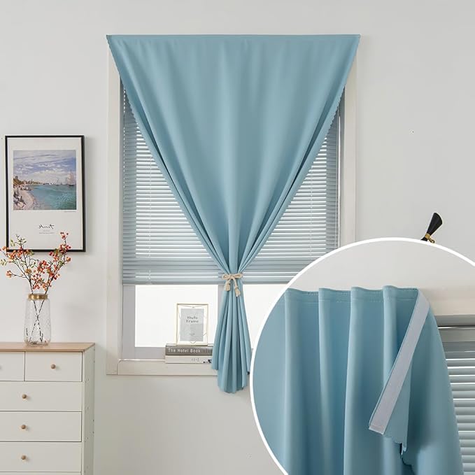 Self Adhesive Curtains, Black Out Shade for Window, Blackout Fabric Temporary Window Coverings Easy to Hang Curtains No Rod Needed, Use for Bedroom, Room, Kitchen, 47" W X 79" L, Lake Blue, 1 Panel
