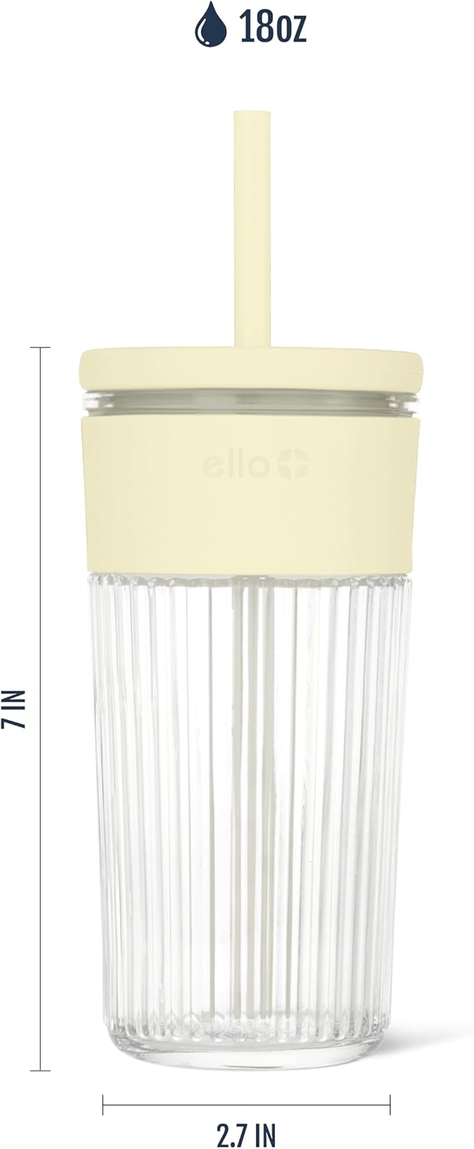 Ello Ava 18oz Glass Tumbler with Straw and Lid | Premium Ribbed Glass with Silicone Grip, Car Cup Friendly, Dishwasher Safe, BPA Free | Iced Coffee, Water, Matcha, Juice Cup | Lemon