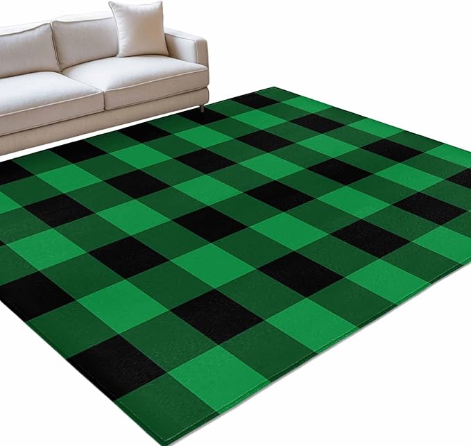 Area Rug 8x10ft, St. Patrick's Day Lucky Green Black Plaid Washable Rugs for Living Room Bedroom, Buffalo Lattice Soft Non-Slip Area Rugs Rectangle Floor Carpet for Dining Room
