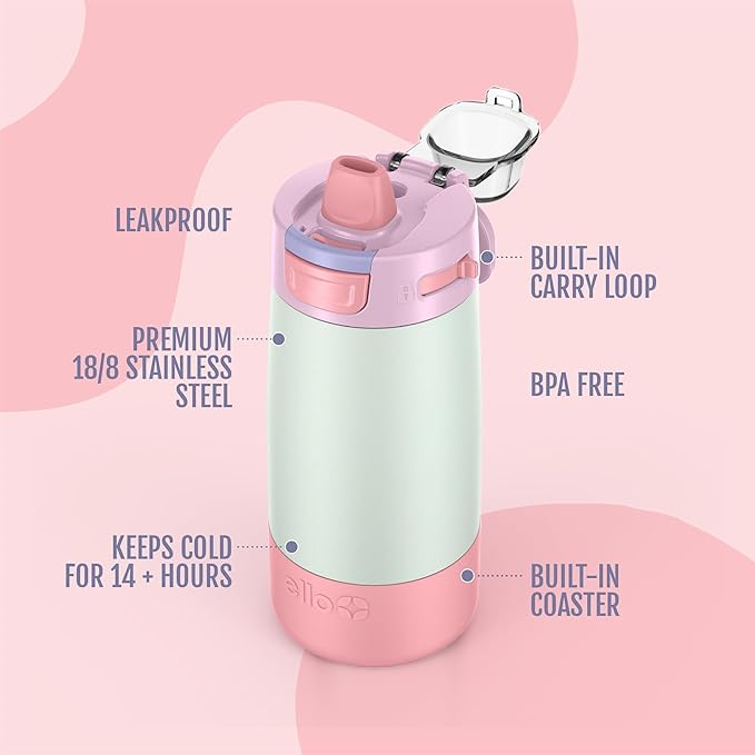 Ello Kids Colby 12oz Stainless Steel Insulated Water Bottle with Straw and Built-In Silicone Coaster Carrying Handle and Leak-Proof Locking Lid for School Backpack, Lunchbox, and Outdoor Sports
