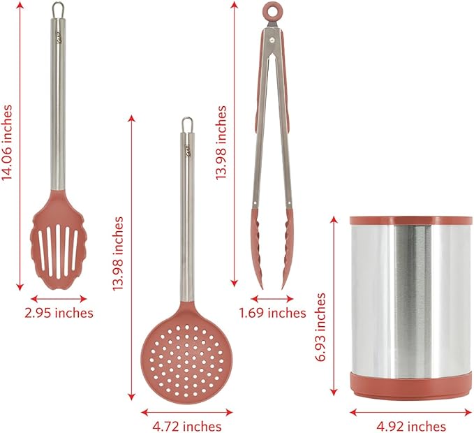 Glad Kitchen Utensils Set, 8pcs - Nonstick Cooking Tools with Stainless Steel Handles & Rotating Utensil Holder - Turners, Ladle, Spoon, Tongs, Spaghetti Server, and Skimmer - Dishwasher Safe, Rust
