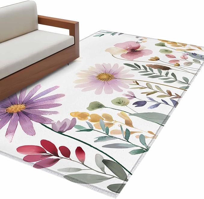 Area Rug 3x5ft, Country Field Purple Flowers Washable Rugs for Living Room Bedroom, Farm Floral Art Soft Non-Slip Area Rugs Rectangle Floor Carpet for Dining Room