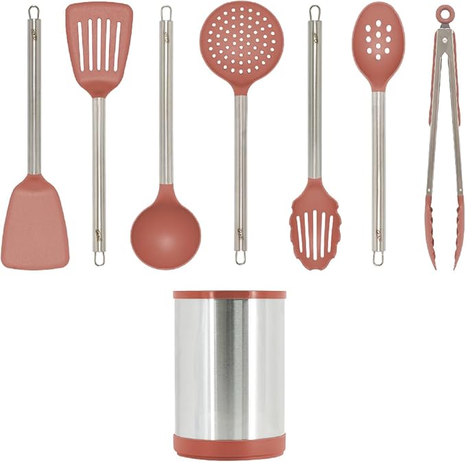Glad Kitchen Utensils Set, 8pcs - Nonstick Cooking Tools with Stainless Steel Handles & Rotating Utensil Holder - Turners, Ladle, Spoon, Tongs, Spaghetti Server, and Skimmer - Dishwasher Safe, Rust