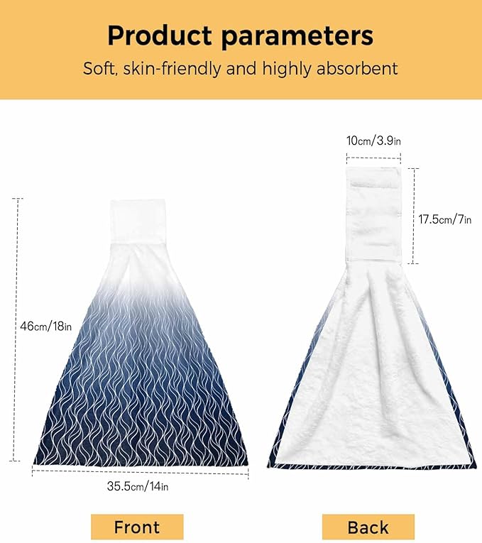 Alandar Home Kitchen Tie Towel Set of 1, Abstract Stripe Blue Gradient Absorbent Soft Hand Towels for Bathroom Hanging Towels, Modern Morocco Wave Line Fast Drying Cleaning Cloth with Loop