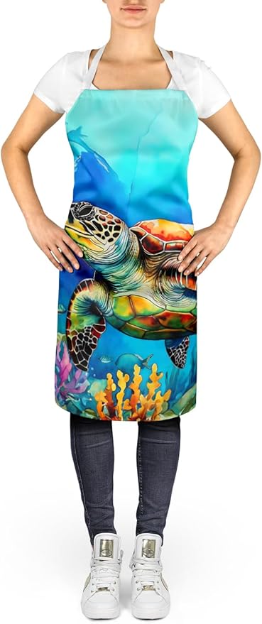 Caroline's Treasures Loggerhead Sea Turtle Apron Cooking Kitchen Server Baking Crafts Gardening for Adult Women Men, Unisex, Large, Multicolor