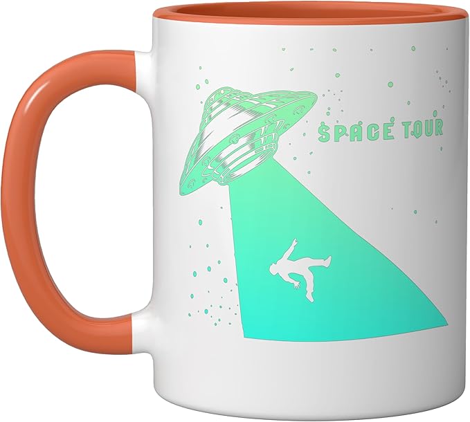 Flying Saucer UFO, Astronauts are Aliens Ceramic Mug, Orange/White