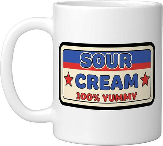 Sour Cream 100% Yummy Retro Food Label Vintage Snack Ceramic Mug, White