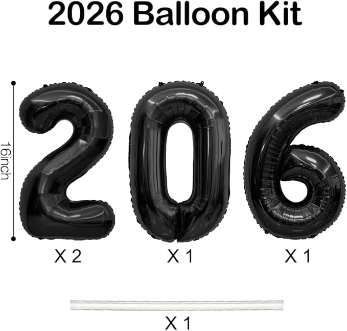 2026 Balloons, 2026 Number Balloons, 2026 Black Balloon, Foil Happy New Year Balloon for New Year Eve Party Supplies 2026 Graduation Decorations Anniversary Birthday Home Office Decorations, 16 Inch