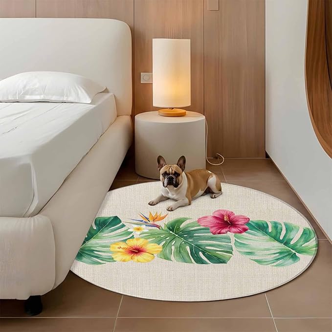 Washable Round Area Rug Country Monstera Hibiscus Foliage Circle Rugs Floor Carpet for Living Room Bedroom, Tropical Plant Vintage Linen Soft Non Slip Round Rug 3ft
