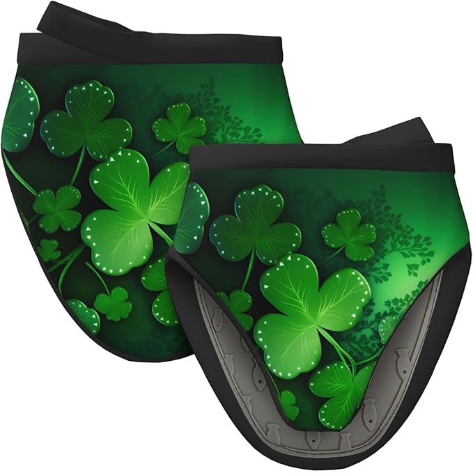 2 Pcs Mini Silicone Oven Mitts Saint Patricks Day Heat Resistant Grill Gloves with Hanging Loop, Green Clover Leaf Short Kitchen Mittens for Cooking Baking BBQ