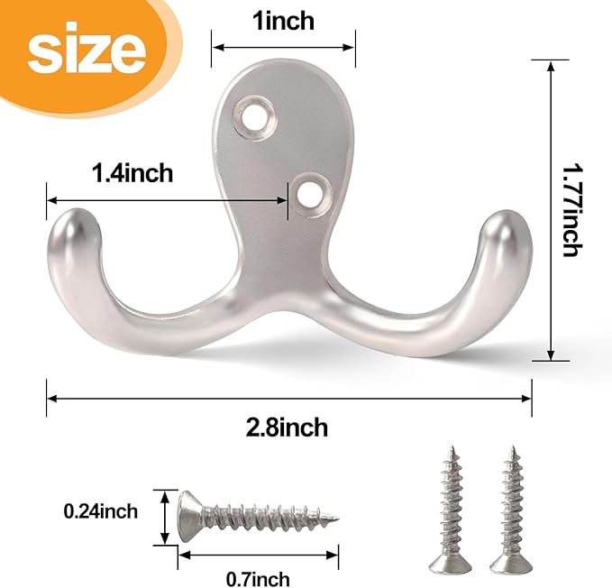 CBWLWJ 20 Pack Coat Hooks Wall Hooks for Hanging, Heavy Duty Double Prong Metal Hook Wall Mounted for Living Room, Bathroom, Kitchen, Bedroom for Coat, Bag, Scarf, Towel, Hat, Key, Cup (Silver)