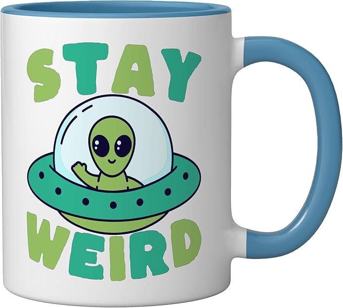 Cute Alien Stay Weird UFO Extraterrestrial Space Ceramic Mug, Blue/White