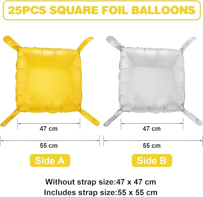 Gold Silver Square Foil Balloon Wall,25Pcs Double Sided Balloons Backdrop Helium Polyester Film Balloon Tunnel Arch Garland Kit for Birthday Bridal Anniversary Baby Shower Party Decorations
