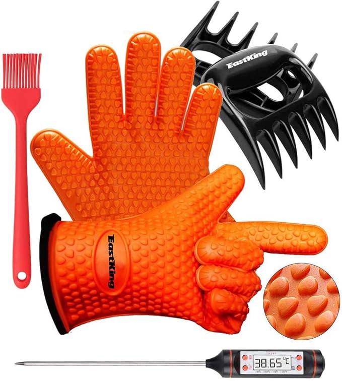 Eastking BBQ Gloves/BBQ Claws/Meat Thermometer and Silicone Brush Superior Value Premium Set (4pcs Set) - Heat Resistant/Non-Slip/Safe/Cooking/Grilling Silicone Gloves for Indoor & Outdoor (Orange)