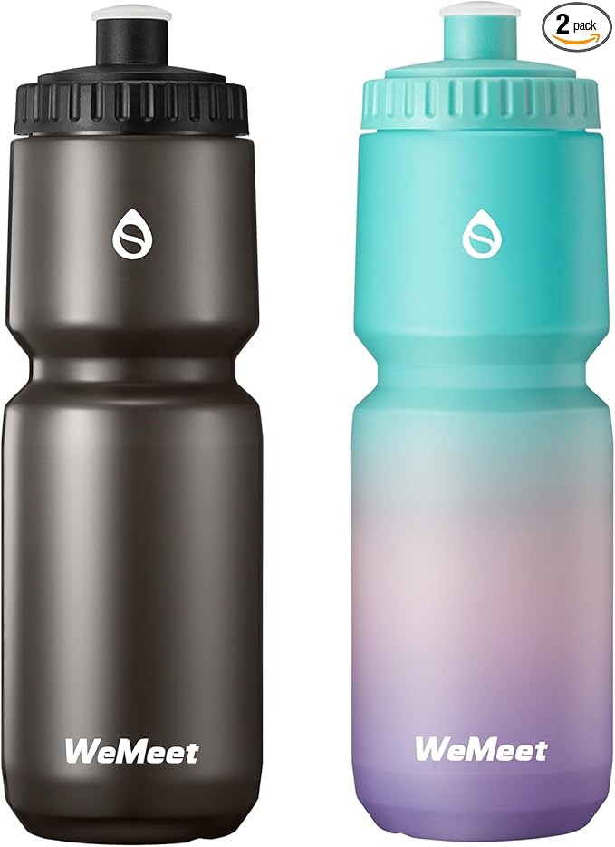WEMEET Lightweight Cycling Water Bottle 2-Pack, Fits Most Bike Cages, Squeeze Water Bottle for Cycling, Running, Fitness(Black & Green Pink Purple, 32oz)