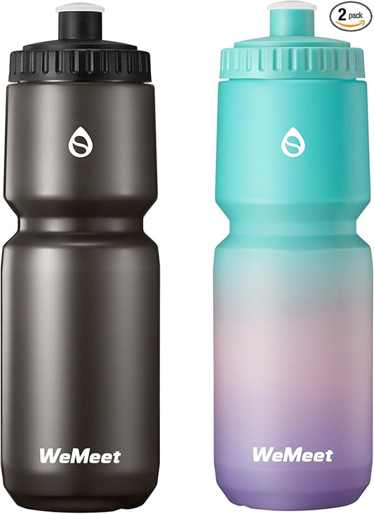 WEMEET Lightweight Cycling Water Bottle 2-Pack, Fits Most Bike Cages, Squeeze Water Bottle for Cycling, Running, Fitness(Black & Green Pink Purple, 32oz)