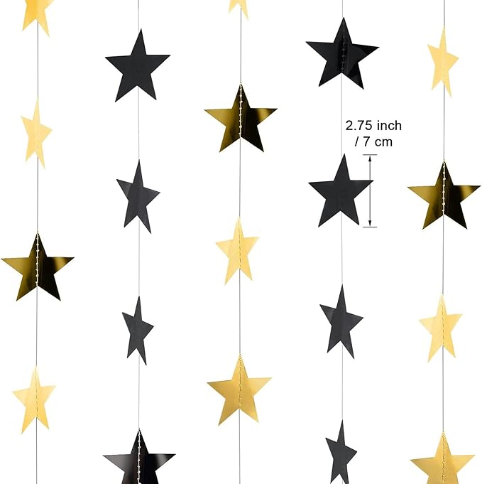 Patelai 130 Feet Glitter Star Garland Banner 2026 Party Decoration Double Side Star Hanging String Streamer Paper Twinkle for Graduation Wedding Birthday (Gold and Black)