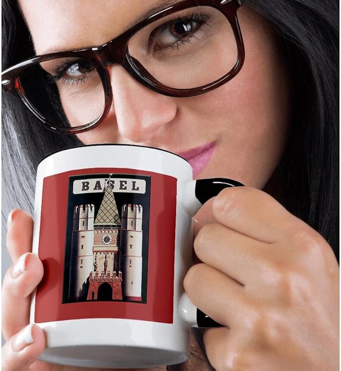 3dRose Basel Luggage Label Reproduction with Castle on Black and Red 11oz Two-Tone Black Mug