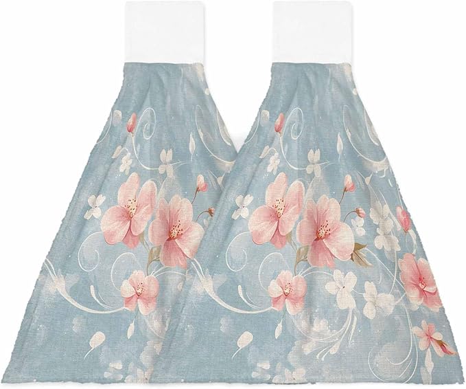 Alandar Home Kitchen Tie Towel Set of 2, Pink Flower Leaves on Blue Linen Absorbent Soft Hand Towels for Bathroom Hanging Towels, Retro Summer Botanical Fast Drying Cleaning Cloth with Loop
