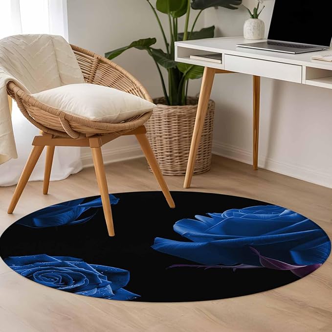 Washable Round Area Rug Abstract Garden Blue Rose Circle Rugs Floor Carpet for Living Room Bedroom, Classic Country Floral Soft Non Slip Round Rug 3ft
