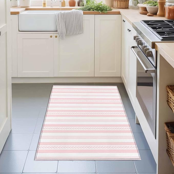 Area Rug 2x3ft, Abstract Leaf Geometric Line Washable Rugs for Living Room Bedroom, Modern Pink Stripe Theme Soft Non-Slip Area Rugs Rectangle Floor Carpet for Dining Room