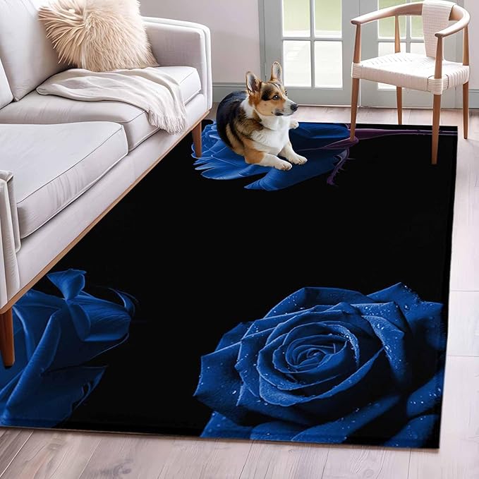 Area Rug 3x5ft, Abstract Garden Blue Rose Washable Rugs for Living Room Bedroom, Classic Country Floral Soft Non-Slip Area Rugs Rectangle Floor Carpet for Dining Room