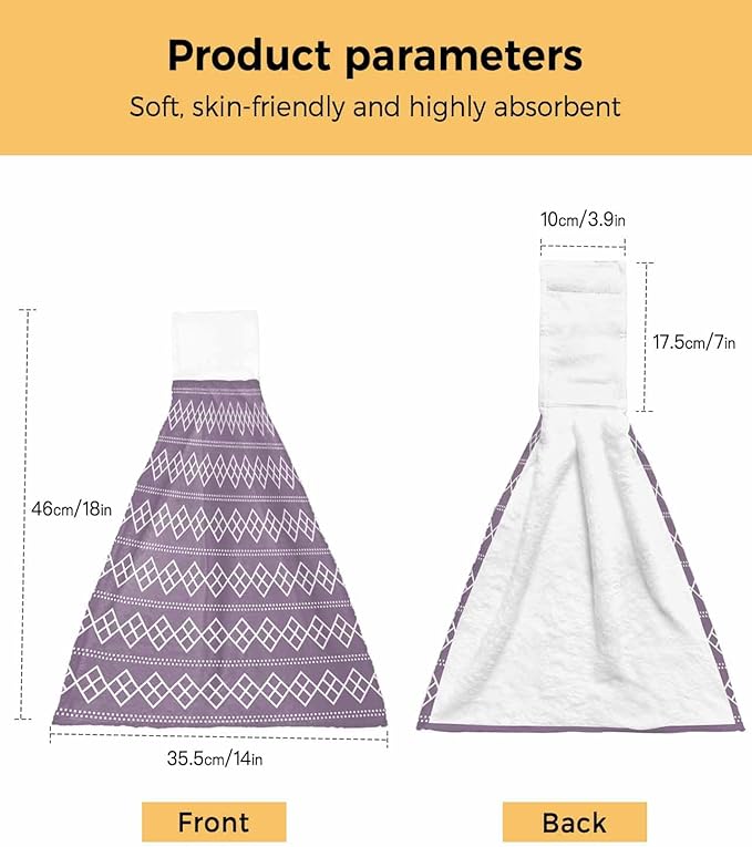 Alandar Home Kitchen Tie Towel Set of 1, Geometric White Purple Square Dot Absorbent Soft Hand Towels for Bathroom Hanging Towels, Modern Abstract Check Texture Fast Drying Cleaning Cloth with Loop