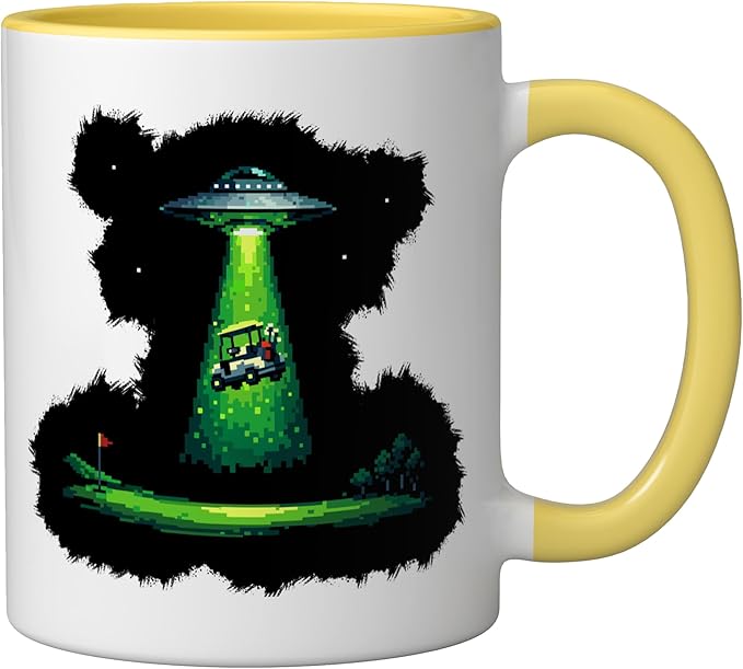 Retro Pixel Art UFO Abducting Golf Cart Funny Alien Golfing Ceramic Mug, Yellow/White