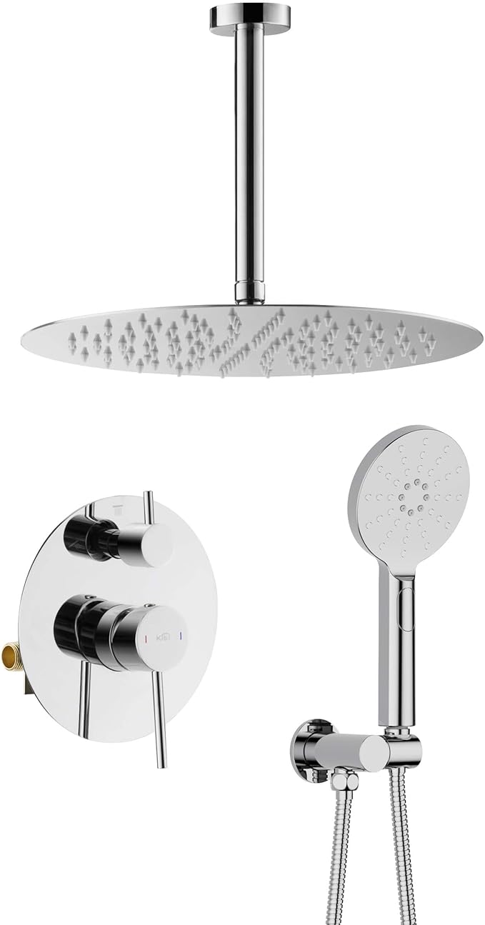 KIBI Circular Ceiling Mounted Shower System with 2-Function Faucet Set | Solid Brass Pressure Balanced Valve | Anti-Scald Design for Reliable Water Temperature Control (Chrome Finish, KSF408)